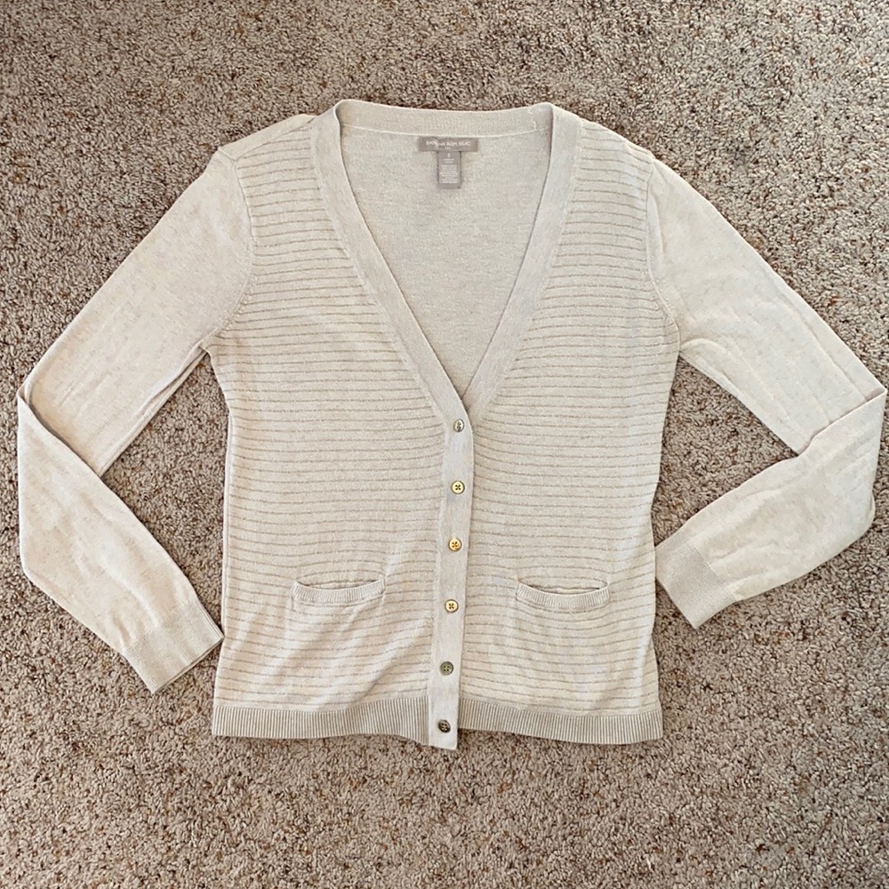Banana Republic Oatmeal Heather Cardigan with Gold Stripes